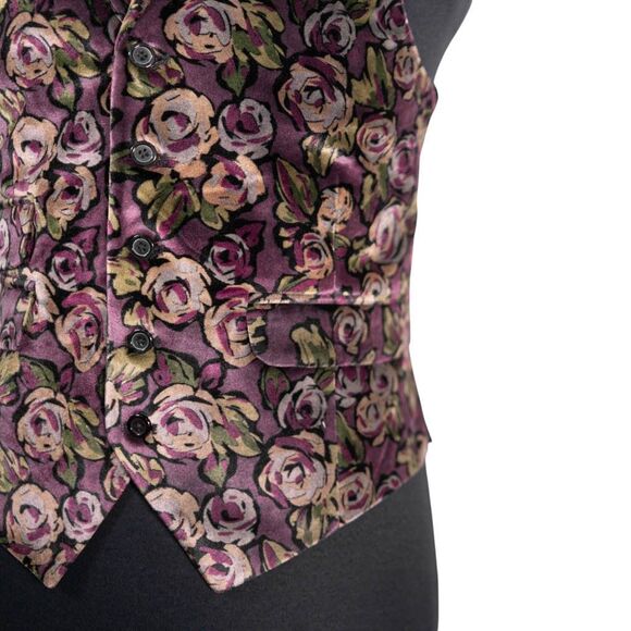 Mens 40R Velvet Vest Purple Green Floral Waistcoat Formal Wedding Party Groom - Picture 6 of 9